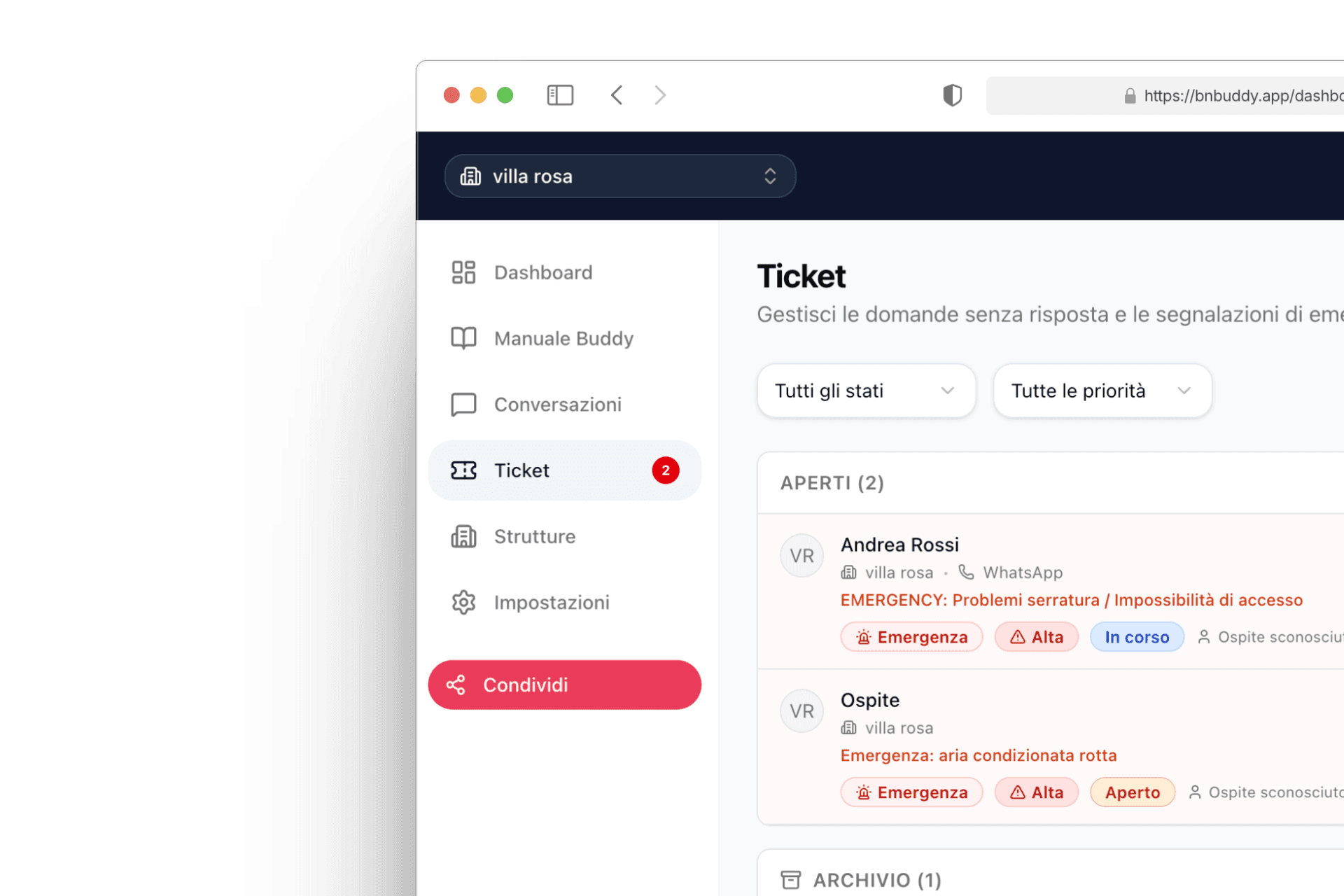 Dashboard bnbuddy con conversazioni e contesto ospite